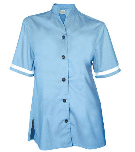 Ladies Shirt: Open Neck Short Sleeve Mandarin Collar