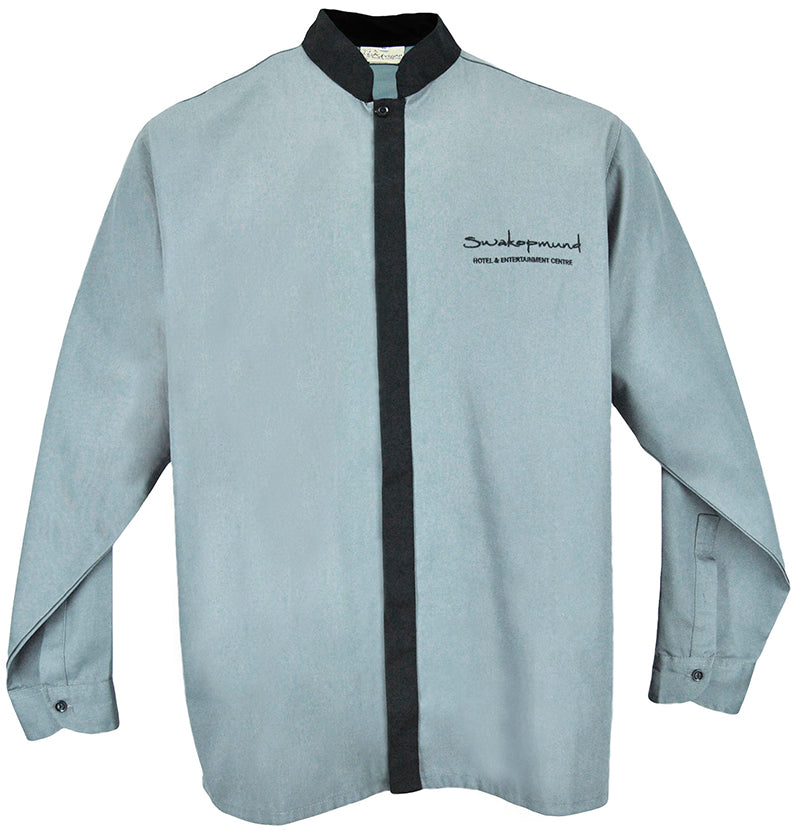 Mens Mandarin Collar Shirt: Covered Button Stand Long Sleeve
