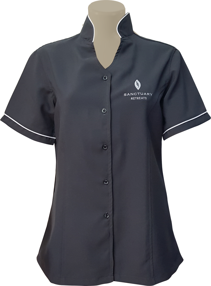 Ladies Mandarin Collar Tunic: Short Sleeve Shaped Fit