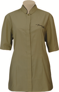 Ladies' Mandarin Collar Shirt: Covered Button Stand Short Sleeve