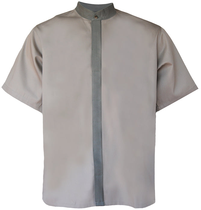 Men's Mandarin Collar Shirt: Closed Neck Covered Button Stand Short Sleeve