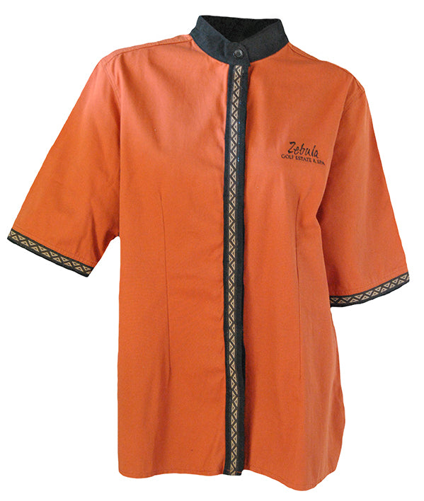 Ladies' Mandarin Collar Shirt: Closed Neck Covered Button Stand Short Sleeve