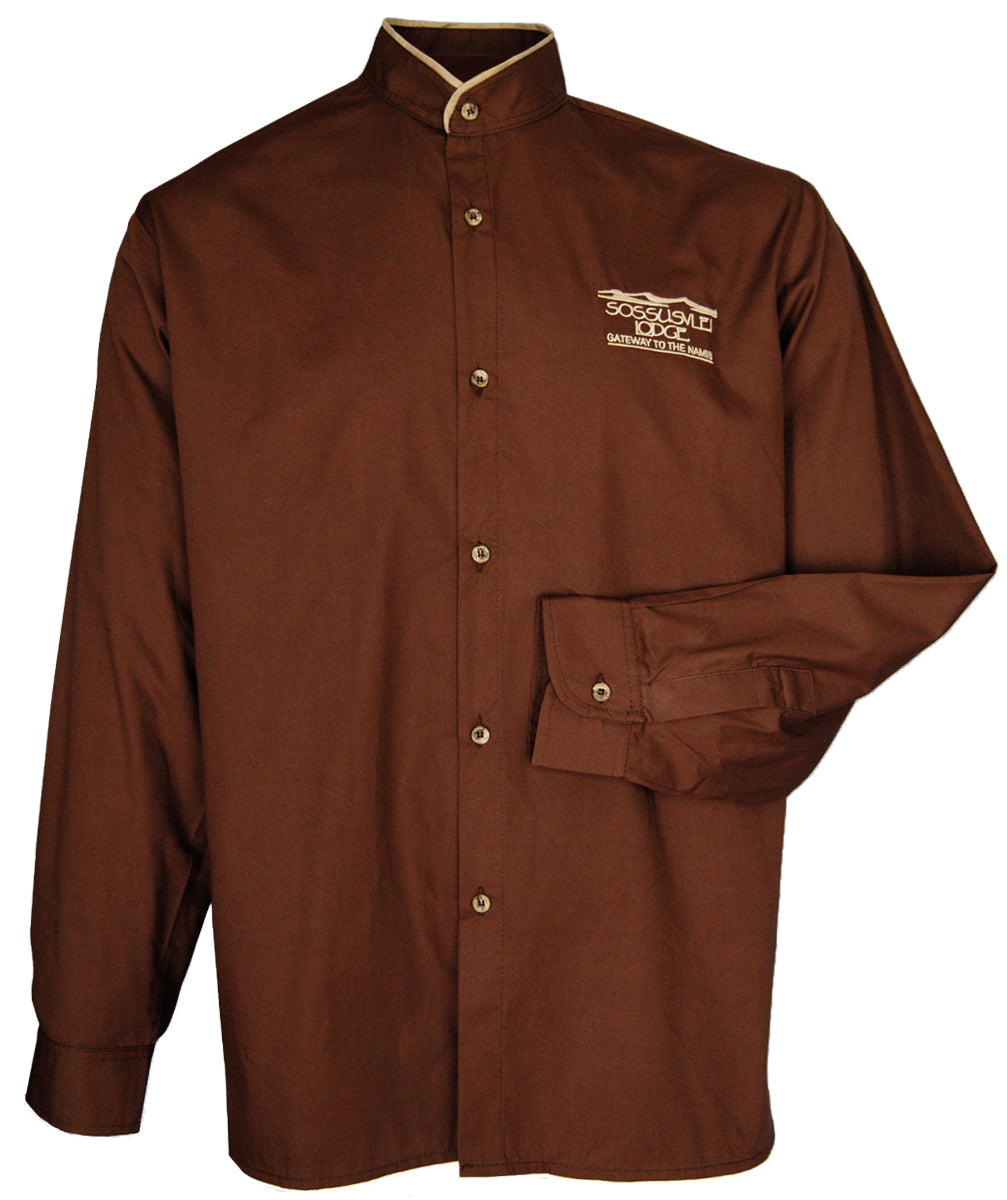 Men's Shirt: Closed Mandarin Piped Collar Long Sleeve