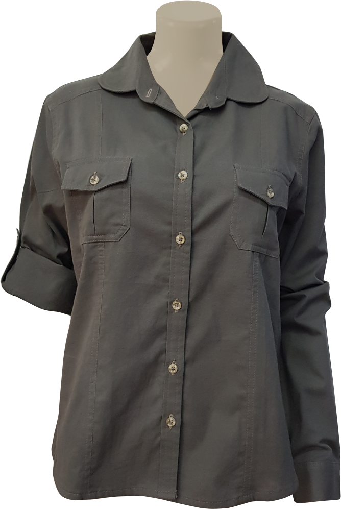Ladies' Bush Shirt: Shaped Rounded Collar Long Sleeve