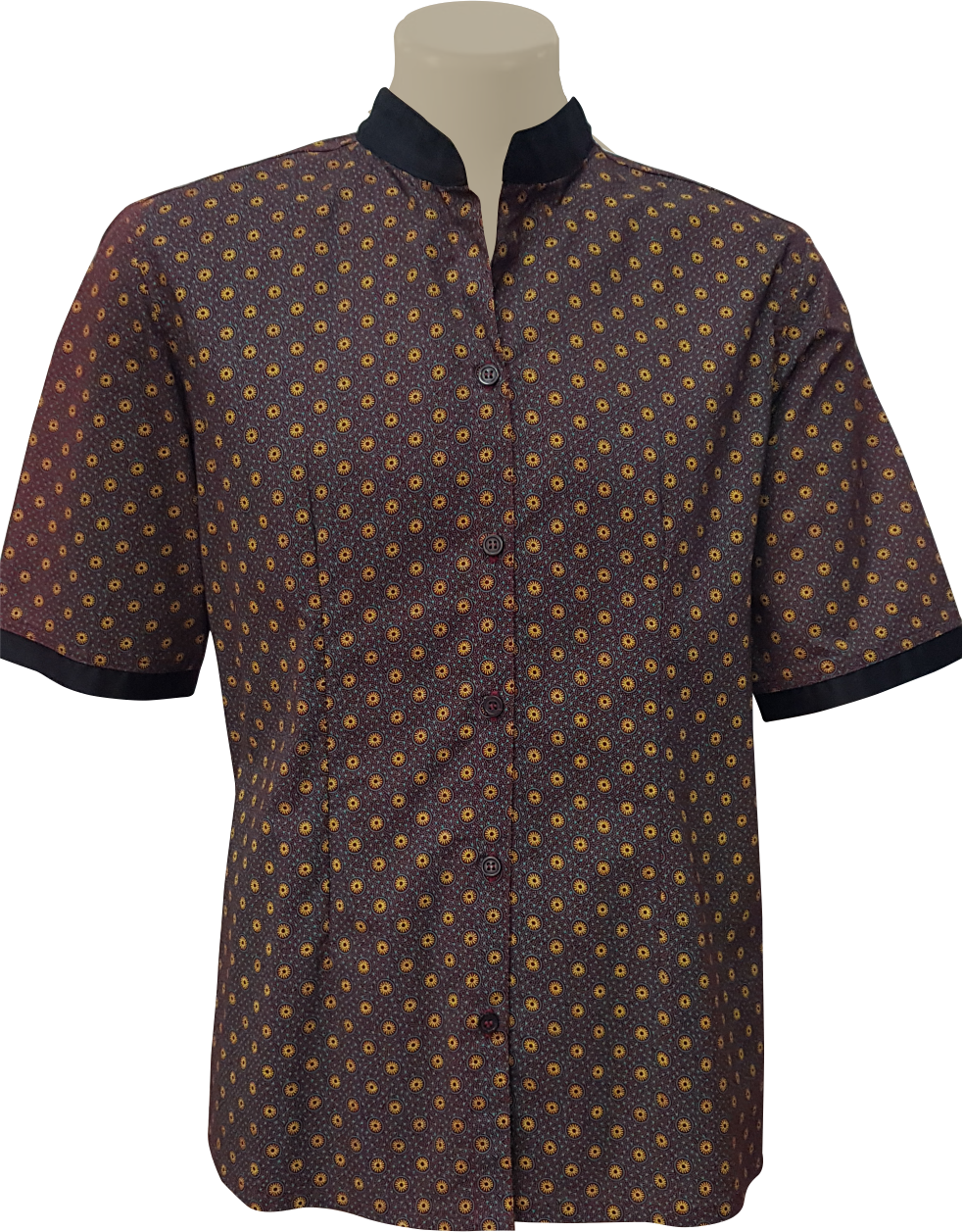 Ladies Shirt: Open Neck Short Sleeve Shweshwe Mandarin Collar