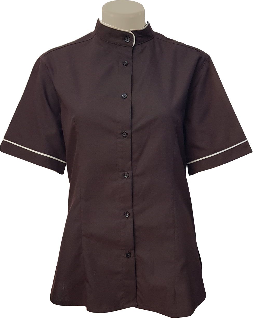 Ladies Shirt: Mandarin Collar Short Sleeve Contrast Piping