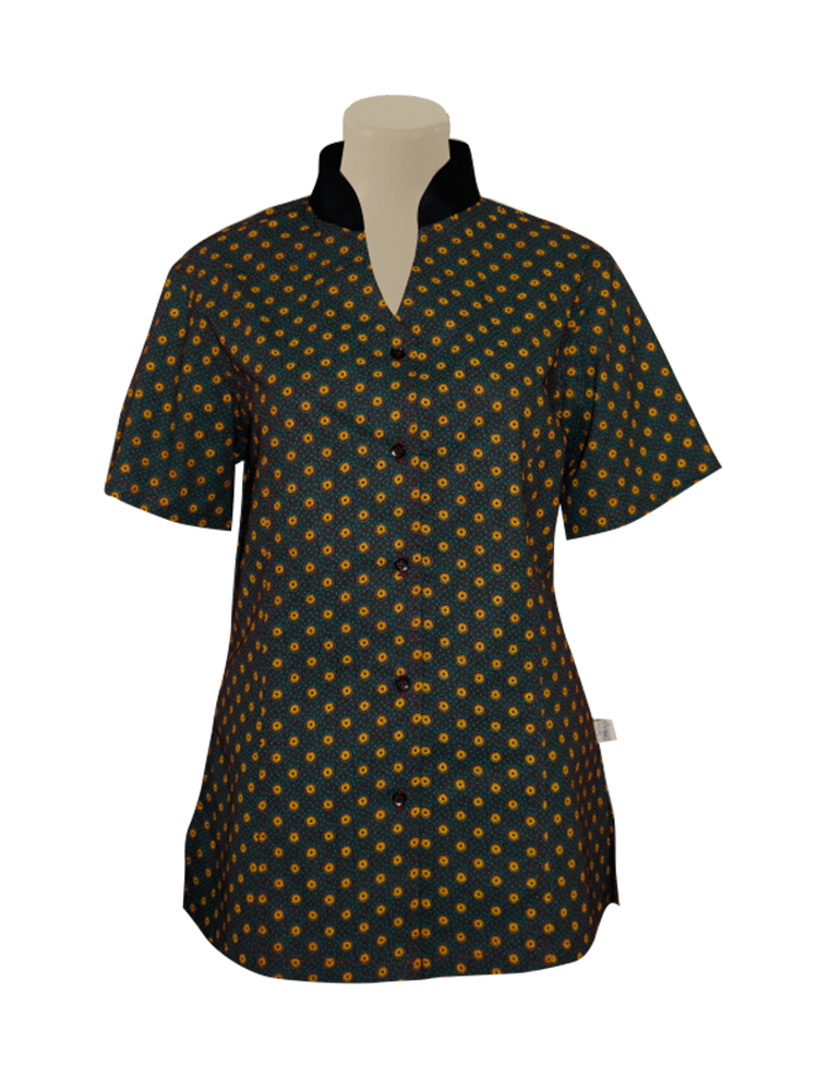 Ladies ShweShwe Mandarin Shirt: Short Sleeve